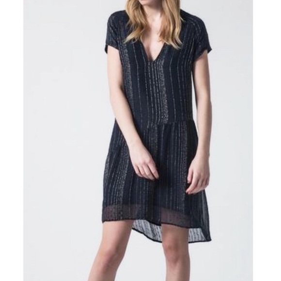 Zadig & Voltaire Racy Metal Navy and Gold striped asymmetrical V neck dress - Picture 1 of 8